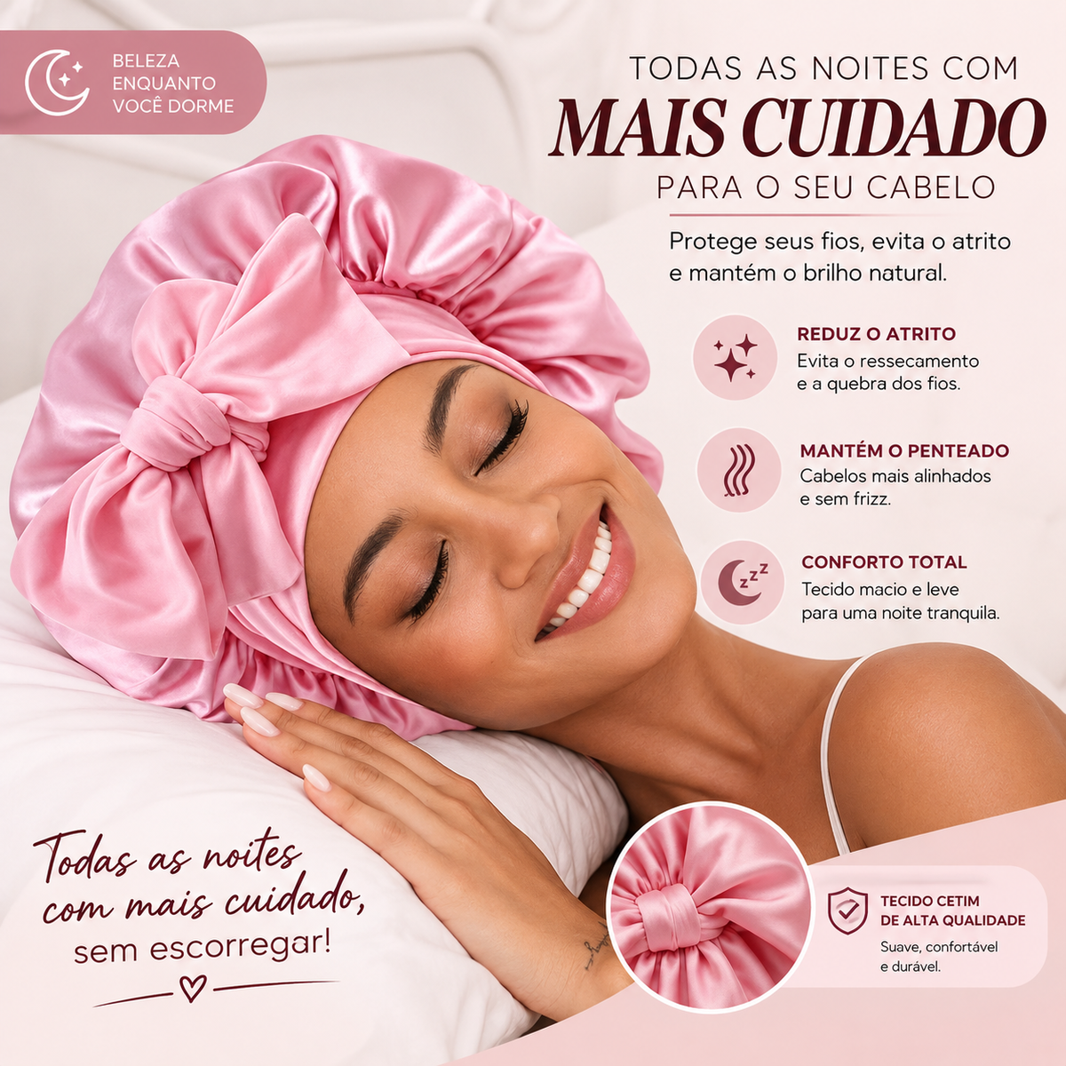 Touca de Cetim Premium – Conforto e Proteção para os Cabelos