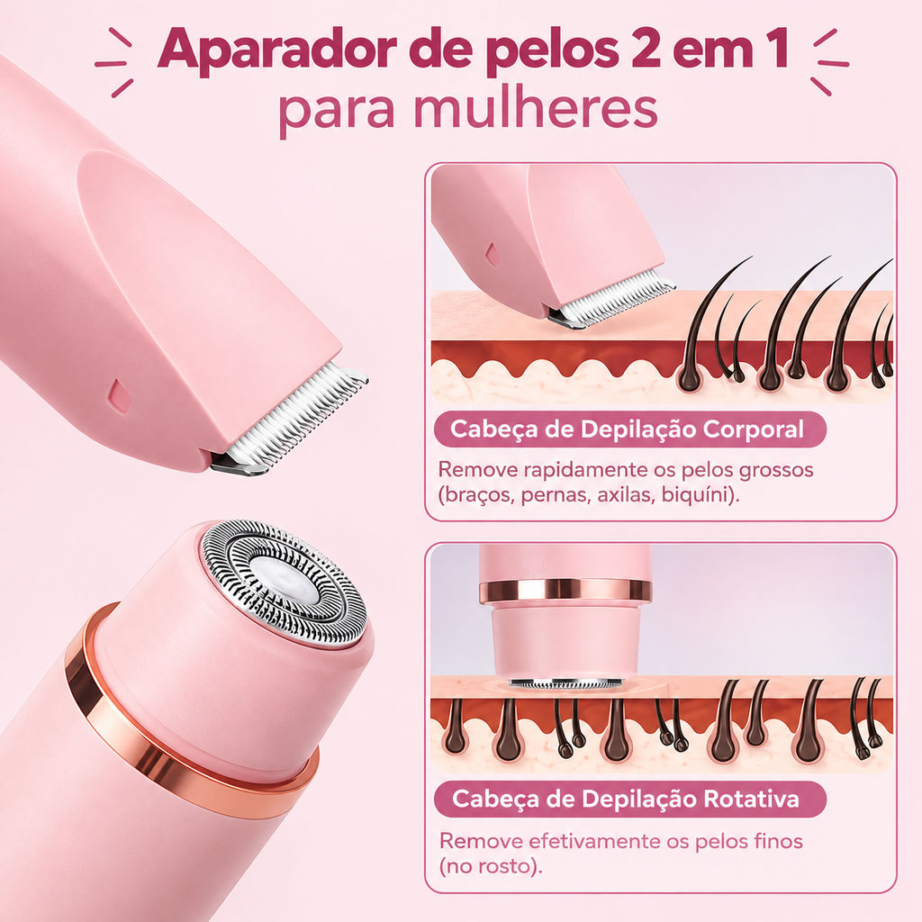 Depilador Corporal 2 em 1 - Pele Lisinha Sem Dor, Cortes ou Irritação (Uso a seco ou no banho | Recarregável USB)