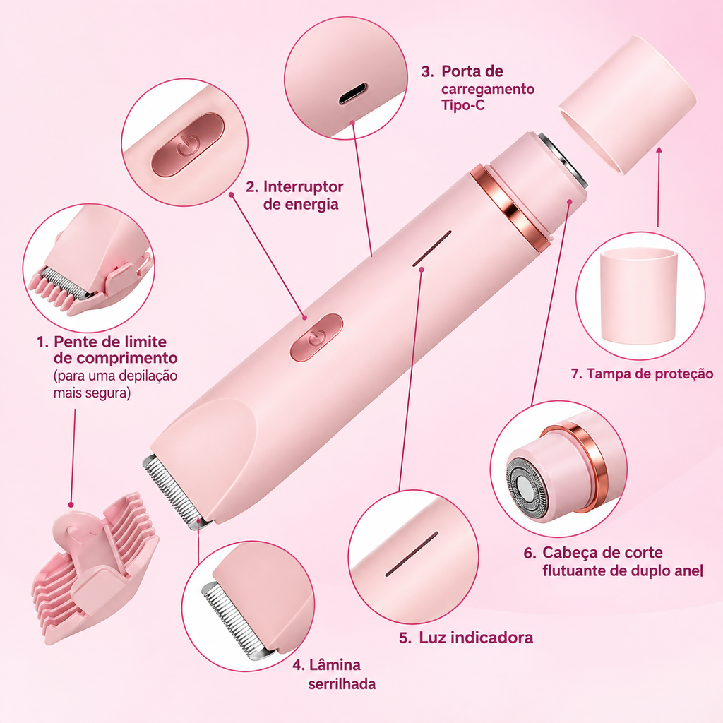 Depilador Corporal 2 em 1 - Pele Lisinha Sem Dor, Cortes ou Irritação (Uso a seco ou no banho | Recarregável USB)